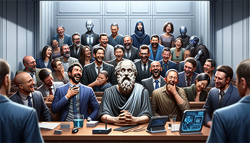 Modern jurors laughing at classical Socrates.