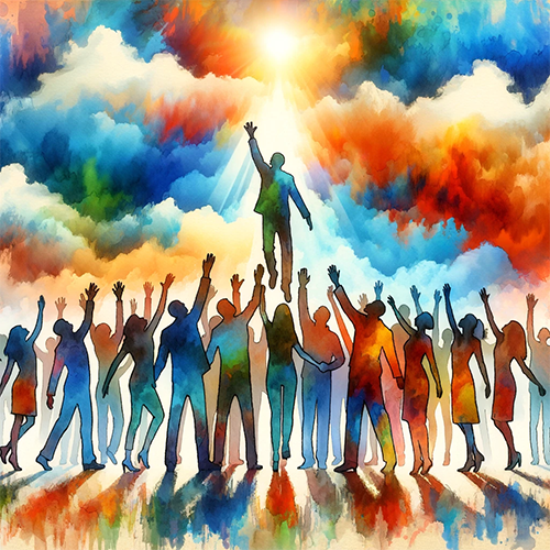 Rainbow pastels with people hailing a man ascending through clouds to the sun.