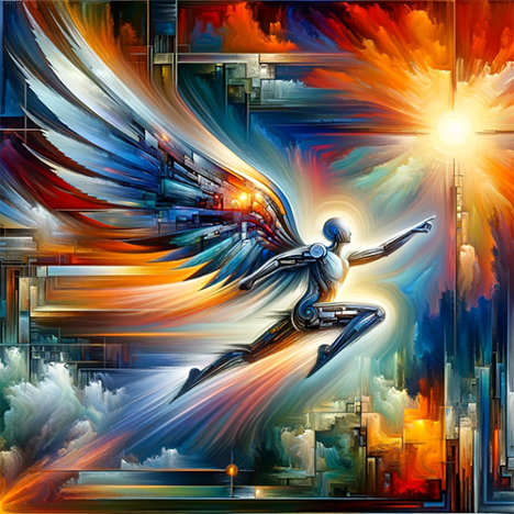 Image of successful Icarus in combined digital impressionistic style using Visual Muse by Ralph Losey.
