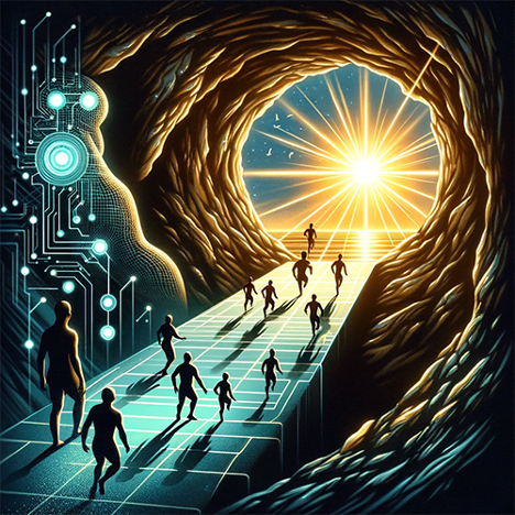 Leaving Plato's cave of limited, unaugmented human intelligence. Digital futuristic style image using Visual Muse by Ralph Losey.
