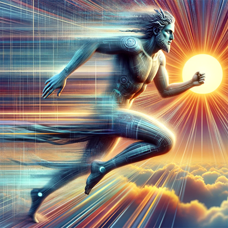 Hermes running to the Sun in Digital Futurism style using Visual Muse by Ralph Losey.
