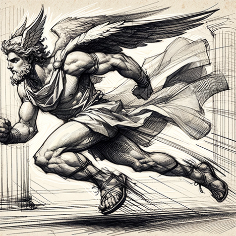 Hermes in pencil sketch style using Visual Muse by Ralph Losey.