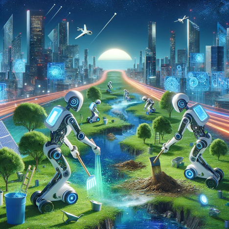 Futuristic digital style image using Visual Muse by Ralph Losey of AI robots repairing environmental damage.