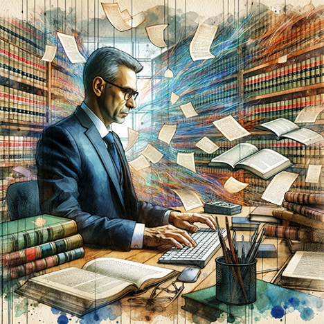 Suited man, at keyboard in legal library with papers and books open and strewn.