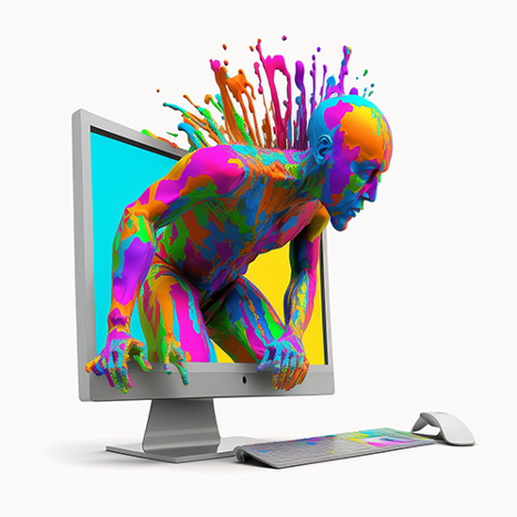Painted man (bright multi color) emerging from monitor.