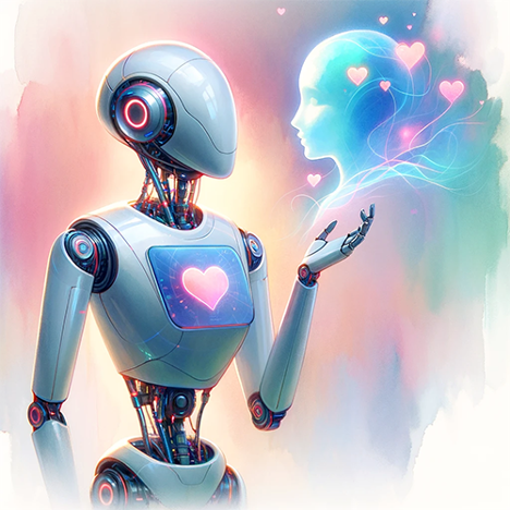 Robot with a heartt, talking to image of human.