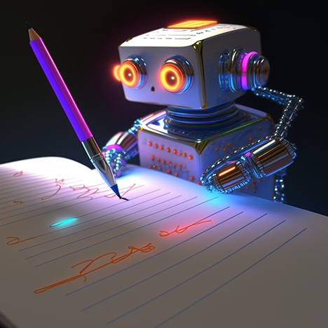 Cute little robot writing out prompts with pencil.