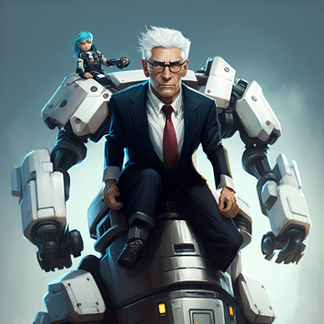 Strong older man being carried by robot.