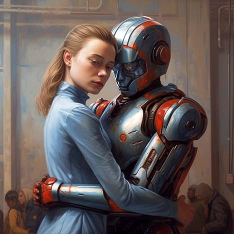 Robot and human girl embracing
