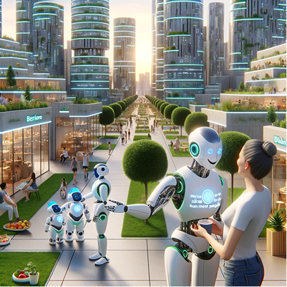 Futuristic city scape with pedestrian boulevard.  Robot talking to human, robot families.