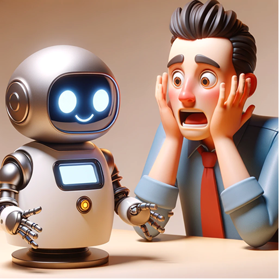 Cartoon man shocked talking to a smiling robot.