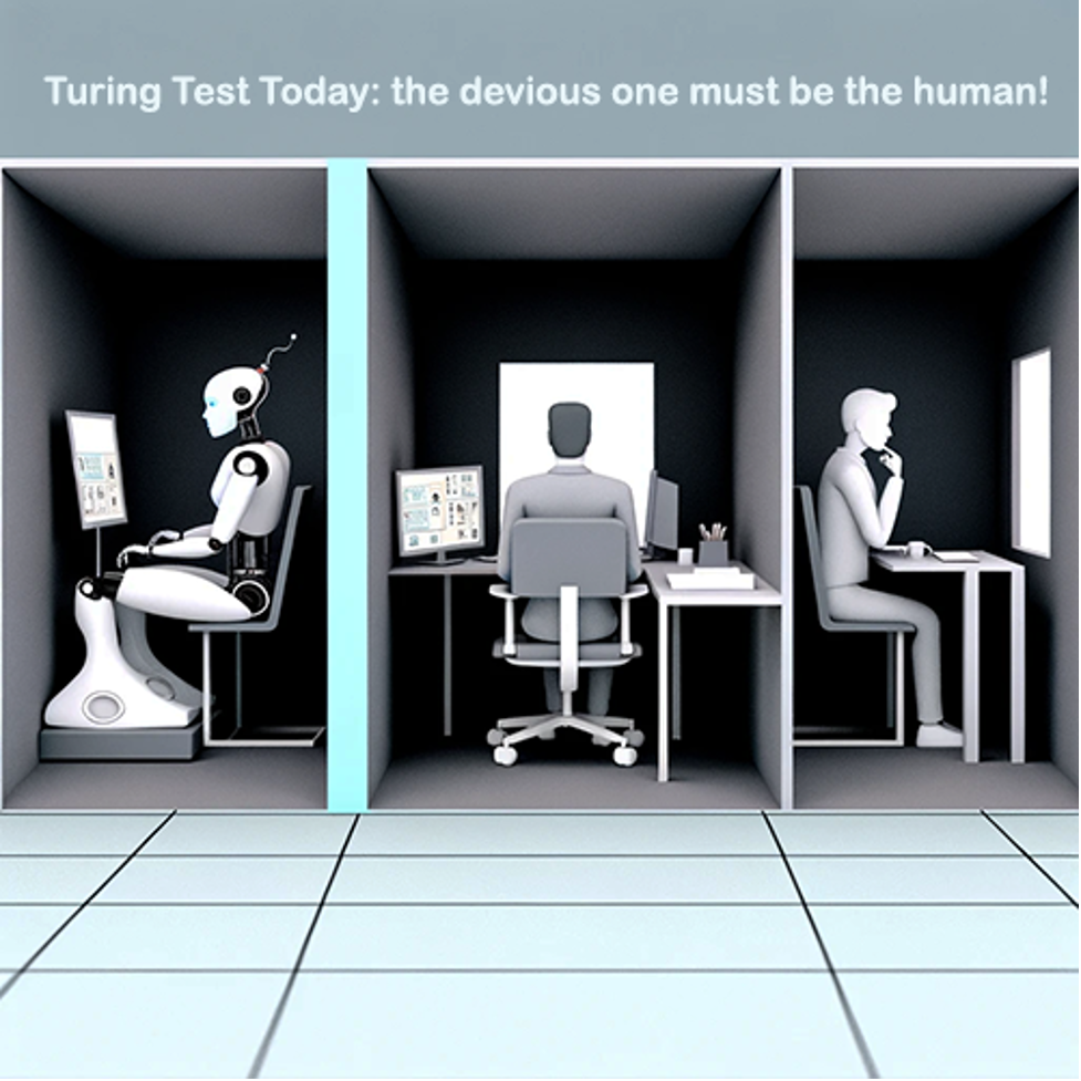 3 very small office cubicles, 2 with humans, one robot.