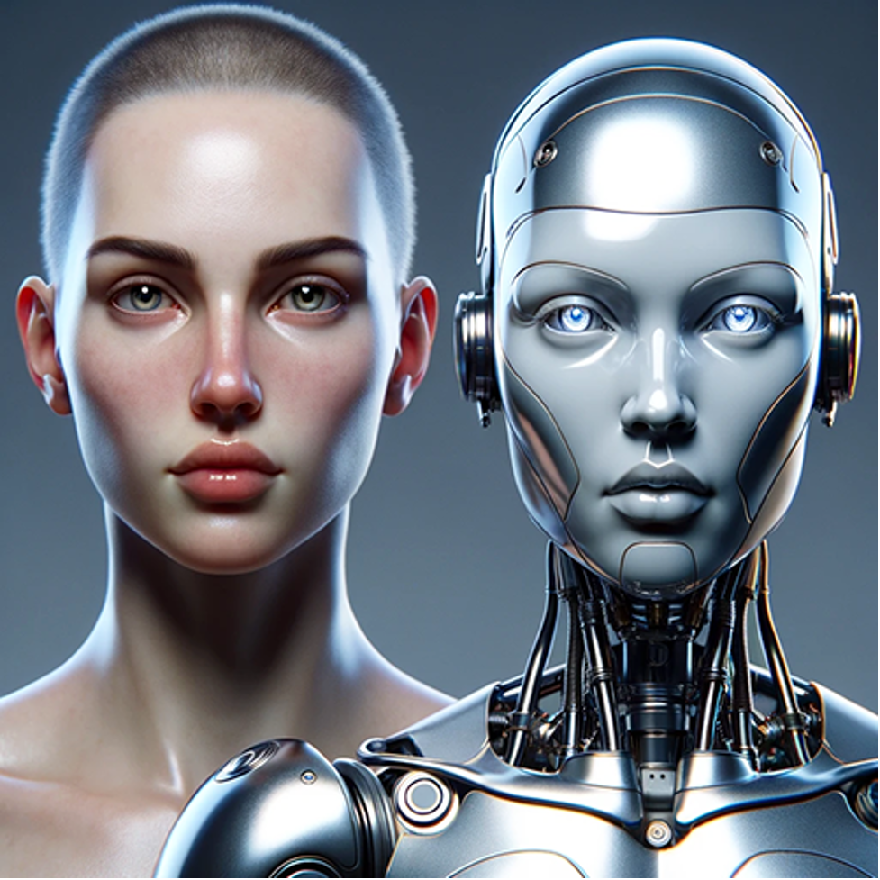Human head next to robot head.