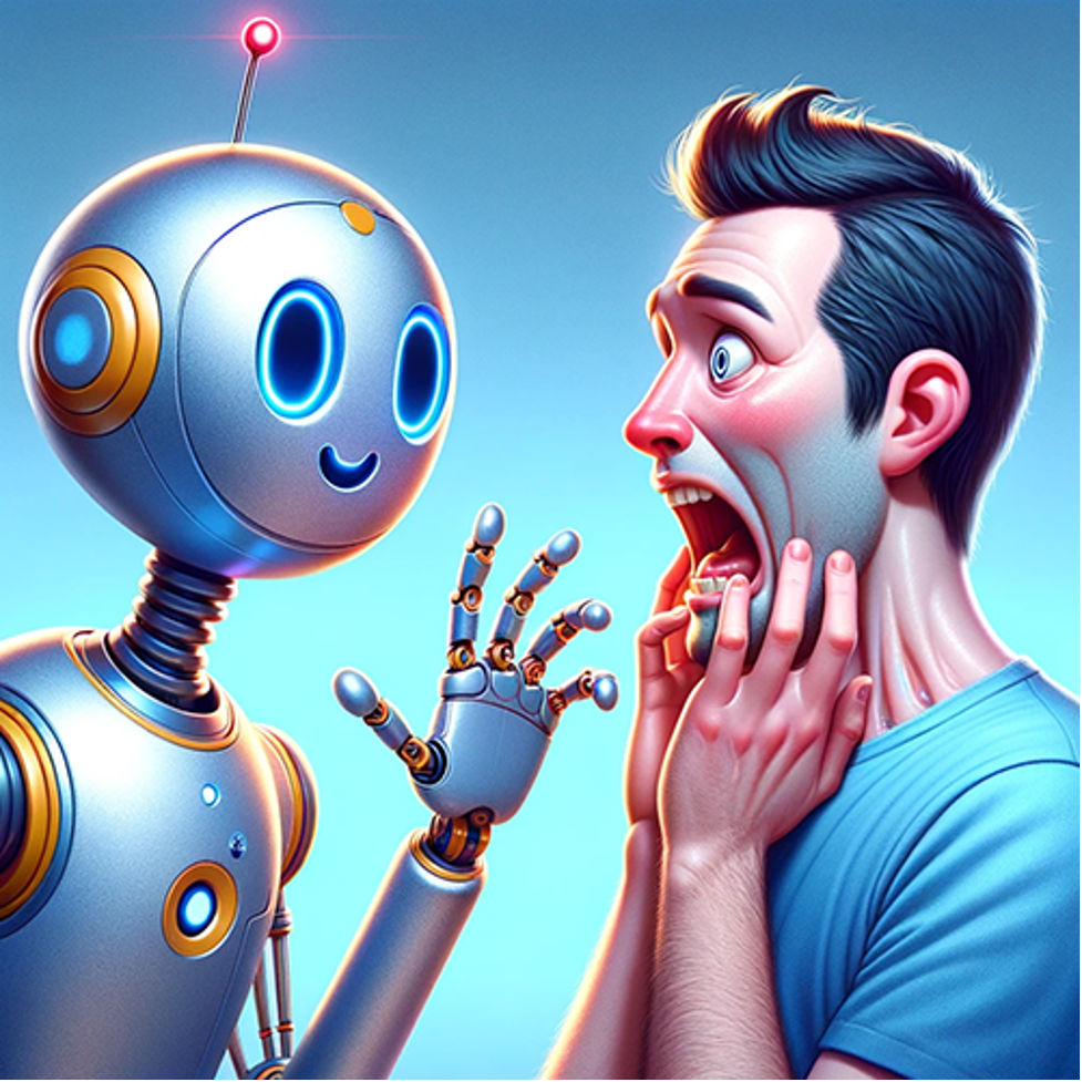 Open mouthed man talking with robot.