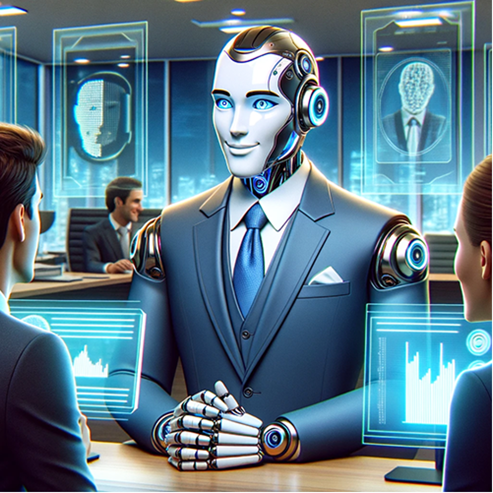 Robot in suit behind desk talking with humans.