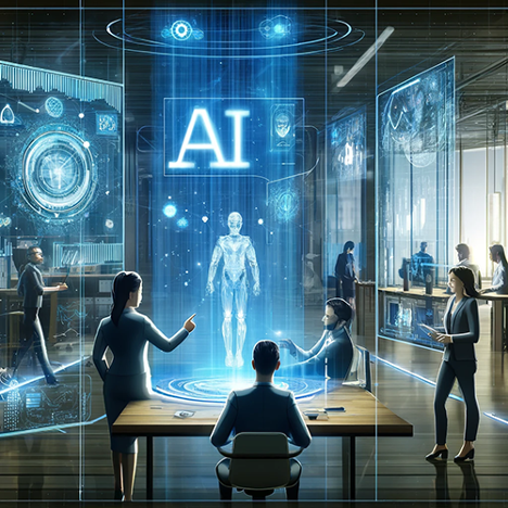 Workers in an office with a hologram of a cyborg with AI up above