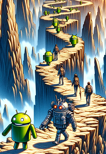 Little green robots walking up a cliff side path