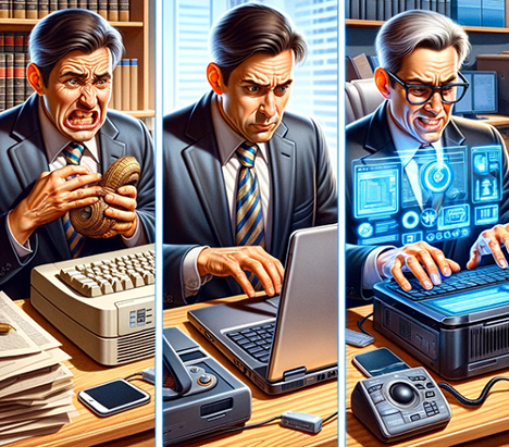 Montage of 3 businessmen at desks with keyboards, varying expressions from exasperated to extremely exasperated.