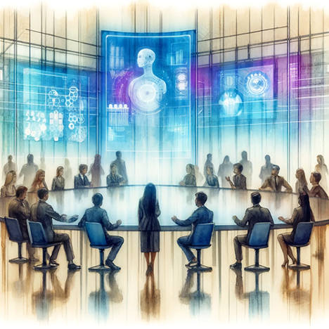 Futuristic meeting of about 20 professionals around a big table with monitors on the wall above