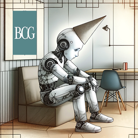 Sad robot with dunce cap sitting alone
