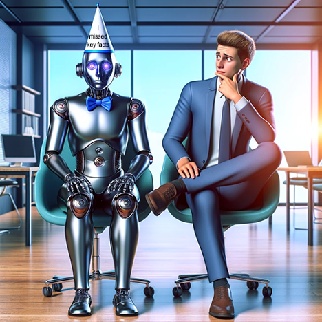 Suited & seated man, cross legged on office chair, looking confused at a robot sitting next to him with a dunce cap, "I missed key evidence.'