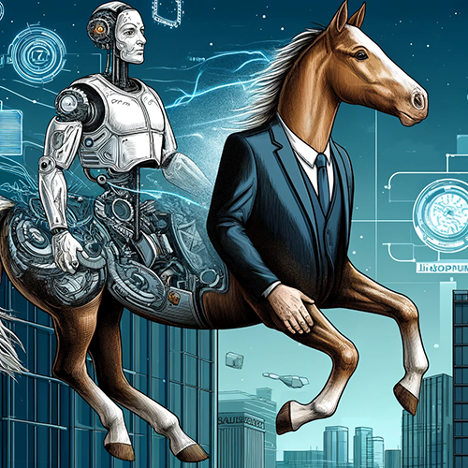 Horse in a suit and tie up front, with a cyborg on the back end.