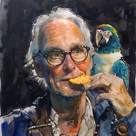 Parrot on shoulder of man eating cracker