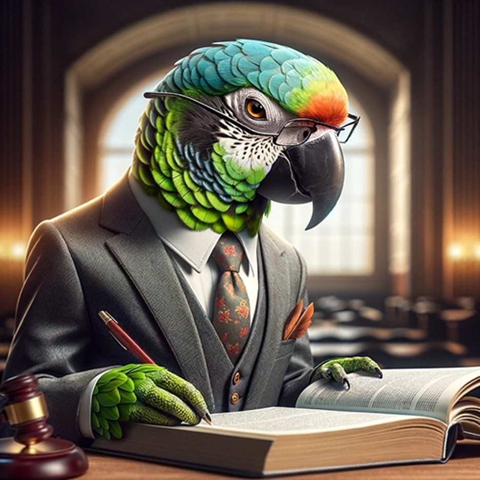 Parrot in business suit reading book on table