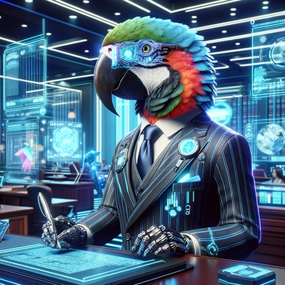 Parrot head on human body in pinstriped three piece suit in computer room.