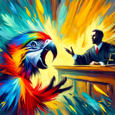 Parrot expressing loudly in argument with human judge