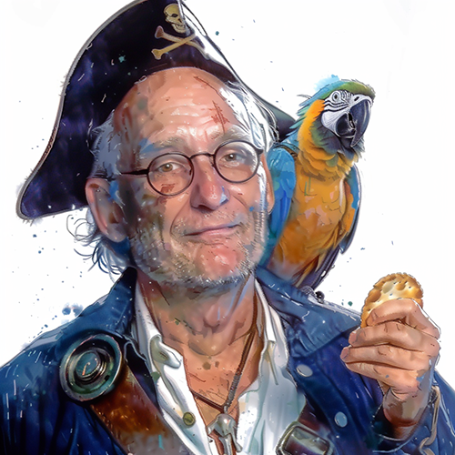 Ralph as a pirate with a parrot and a cracker.