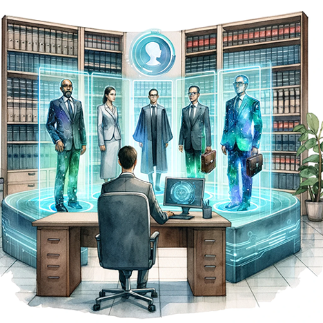 Seated business person looking at 5 business people looking like holograms.