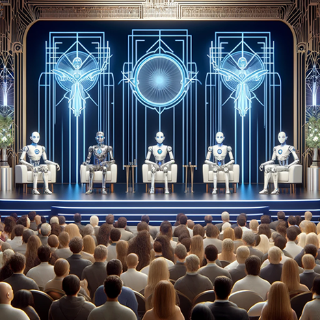 5 robots sitting on stage in front of a crowded audience--with the ubiquitious white conference chairs
