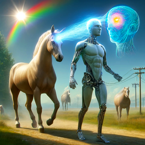 Horse walking behind cyborg, other horses and telephone poles in distance, horse and cyborg mind melding, with rainbow