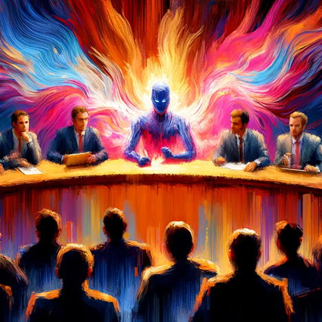 Suited men at panel, with devil's advocate in center with colorful flames