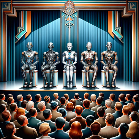 5 robots on stage--art deco background, in front of crowded audience