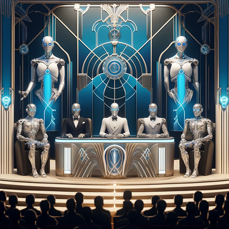 5 robots, 3 in tuxes sitting on stage with 2 large robots behind them.  All have oogly boogly bulging blue eyes.