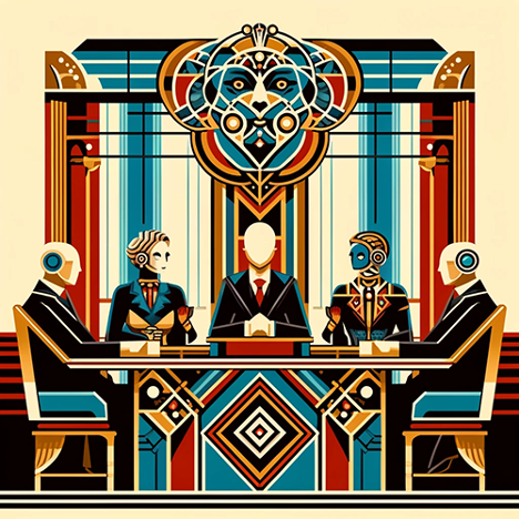 5 people around a conference table in business attire, with ornate deco table and background.