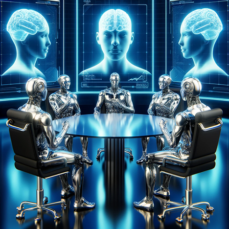 Translucent cyborgs around a conference table with office chairs with large art or screens of people on walls
