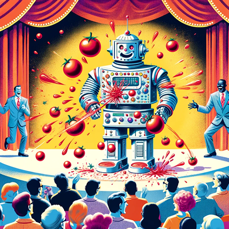 Robot on vaudeville stage being pelted by human audience with tomatoes, splatting