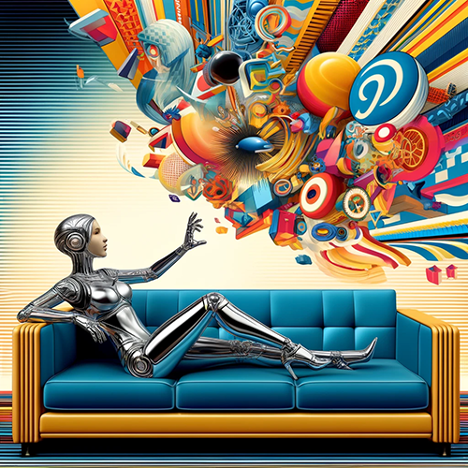 Cyborg reclining on couch reaching toward a dream like collage