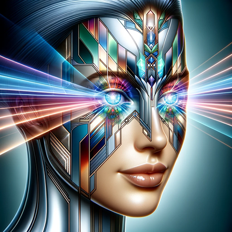 Cyborg with rainbow rays coming out of her eyes