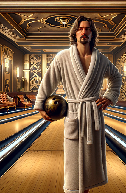 Young "Dude" in bathrobe with bowling ball