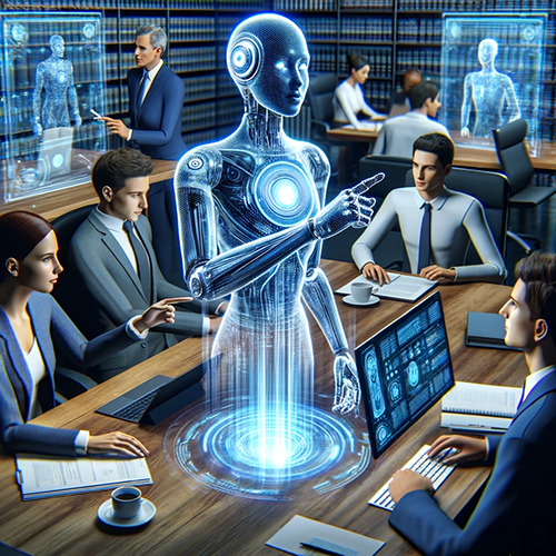 Hologram AI making a point to lawyers sitting at desk with terminals.
