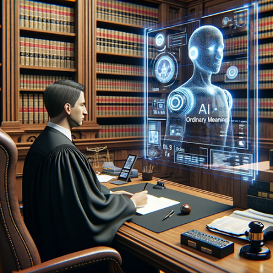 AI generated image of judge at his desk looking at holographic screen with AI and Ordinary Meaning with FSupp type law books on each wall.