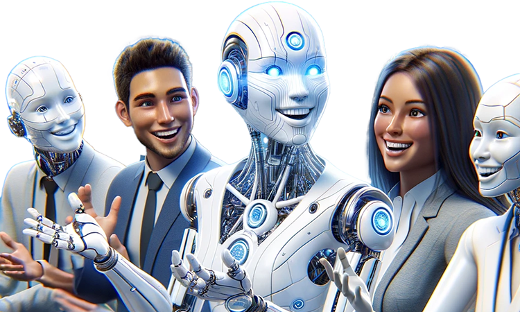 2 happy young associates talking with 3 smiling robots