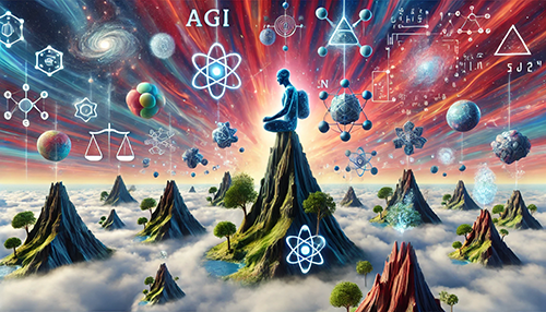 A surreal digital artwork featuring an ethereal landscape with floating islands surrounded by clouds and galaxy skies in vibrant colors. In the center, there is a figure meditating with crossed legs, surrounded by various elements such as symbols and equations for science and technology, geometric shapes, all set against a backdrop of swirling galaxies and stars. The word 'AGI' appears above them.