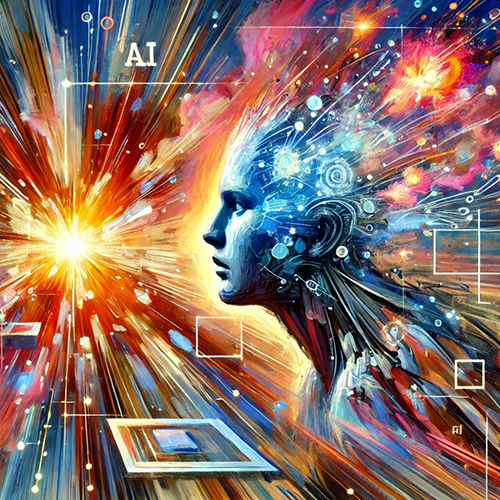 A vibrant digital painting depicting an androgynous AI figure with its mind overflowing with ideas, surrounded by glowing data streams and the text "AI" above. The background is filled with colorful abstract patterns that convey energy.