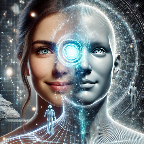 A young woman with blue eyes and flawless skin is combined with a humanoid male robot. The backdrop showcases a digitized galaxy.