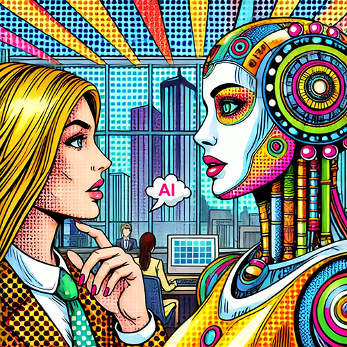 A pop-art style illustration of a woman with blonde hair in a business suit, thoughtfully touching her chin, facing a colorful humanoid robot with intricate designs. They are in an office setting with large windows showing a cityscape in the background. Other employees are working at desks with computers. A speech bubble with 'AI' is positioned between the woman and the robot, emphasizing their conversation about artificial intelligence.